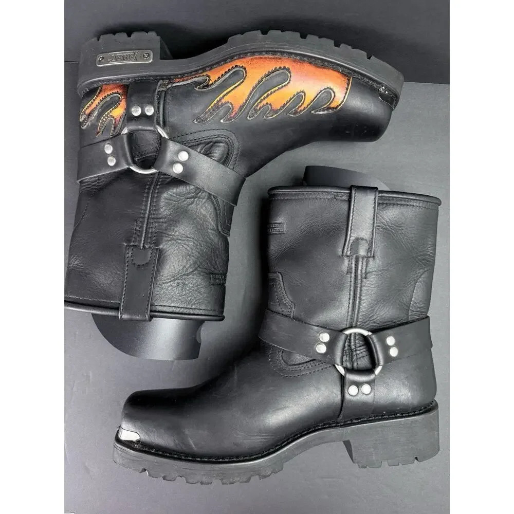 Xelement Men’s Motorcycle Harness Boots Black Leather Flame Biker Size 11M